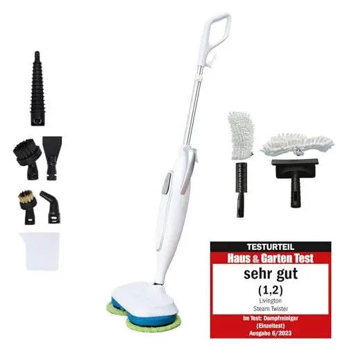 Produktbild: Livington Steam Twister weiß - Spar Set - rotierender Dampfreiniger inkl. Reinigungsaufsätze - Dampfbesen & Handdampfreiniger - Entfernt 99,9% der Bakterien - elektrischer Bodenwischer- Mop
