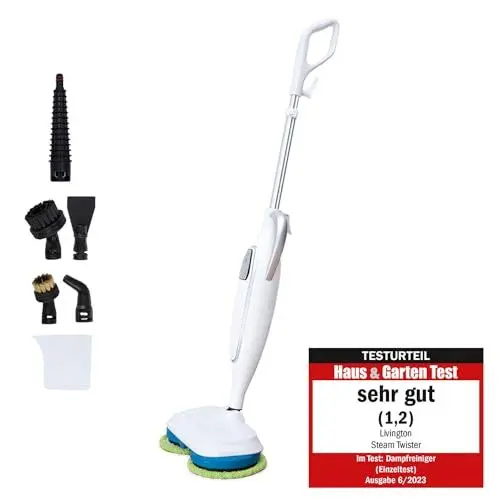 Produktbild: Livington Steam Twister weiß - rotierender Dampfreiniger inkl. Zubehör - Dampfbesen & Handdampfreiniger - Entfernt bis zu 99,9% der Bakterien - elektrischer Bodenwischer mit Wassertank