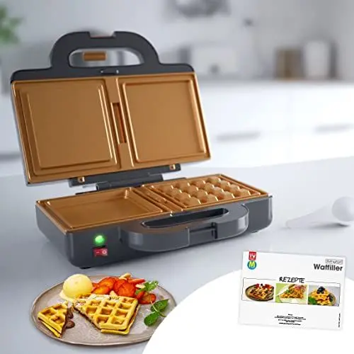 Produktbild: Livington Waffiller - Waffeleisen - süß & herzhaft - mit Anti Haft Beschichtung - für gefüllte Waffel-, Pizza-, Blätter-, Muffin- oder Kuchenteig - 1000 Watt - Temperaturregelung & Überhitzungsschutz