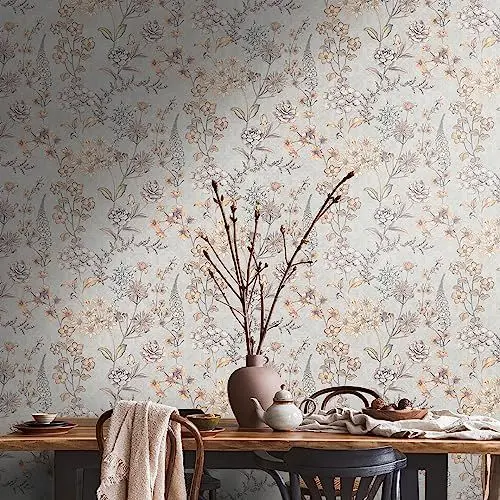 Produktbild: Livingwalls Travel Styles Vliestapete - Florale Tapete in Grau und Orange - skandinavische Wandtapete für verschiedene Räume in 10,05 m x 0,53 m