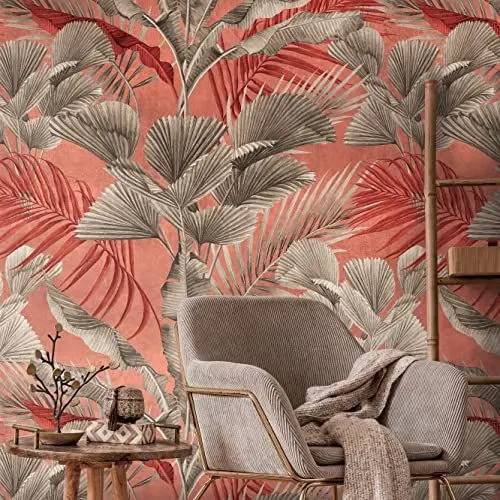Produktbild: Livingwalls Travel Styles Vliestapete - Tapete mit Blattranken in Rosa und Rot - tropische Wandtapete für verschiedene Räume in 1,59 m x 2,80 m