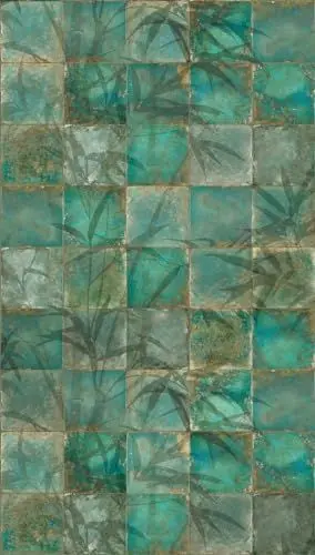 Produktbild: Livingwalls Vliestapete - Florale Tapete Fliesenoptik in Grün, Blau und Braun - Wandtapete für verschiedene Räume - Wandbild XXL 2,80 m x 1,59m