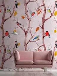 Produktbild: Livingwalls Vliestapete - Tapete Vögel Vintage Landhaus in Rosa, Braun und Gelb - Wandtapete für verschiedene Räume - Wandbild XXL 159 x 280 cm