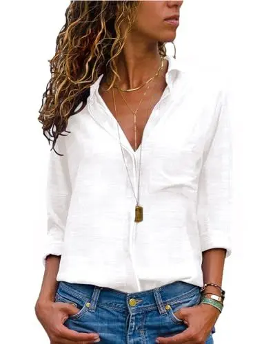 Produktbild: Livonmone Bluse Damen Langarm Casual Streifen Oberteile Hemd Lose V-Ausschnitt Langarmshirt Chiffon Blusen Tops Elegant (Weiß, S)