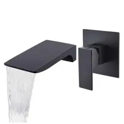 Produktbild: LIWElKE Unterputz Waschtischarmatur, Schwarz Matt Wasserhahn Wasserfall Wandmontage 2 Loch Wandarmatur Schwarz mit Einfachem Griff und groBem Auslauf