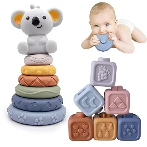 Produktbild: Lixiin 13 Stück Stapelspielzeug mit Ringen, Stapelturm für Stapelspiel, Squeeze Zahnen Babyspielzeug, Früherziehung Spielzeug Geschenke für 6 12 18 Monate Baby Kleinkind Jungen Mädchen (TT547)