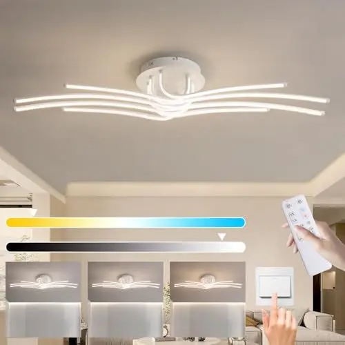 Produktbild: Liyabber LED Wohnzimmer Deckenleuchte Dimmbar Deckenlampe mit Fernbedienung, 118cm Schlafzimmerlampe aus Aluminium, 56W Weiß Wohnzimmerlampe, Modern 8 Flammig Deckenbeleuchtung mit Timing Funktion