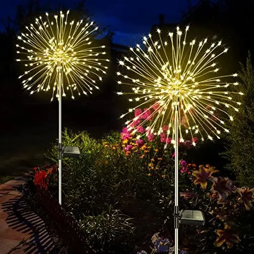 Produktbild: Liyade 2 Stück Solarstecker Gartenleuchten 120 LED Solar Gartenleuchten für Außen 8 Modi Solarleuchten Feuerwerk Pusteblume Solarlampen für Außen Garten Wege Rasen Balkon Deko (Warmweiß)
