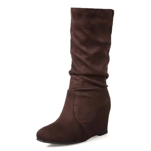 Produktbild: Lizoleor Damänner Halbschaft Slouch Keilabsatz Boots Ohne Verschluss Ohne Verschluss Winter Leisure Interne Erhohen Warm Strickented Elastic Stiefeletten Braun Gr 34 Eu