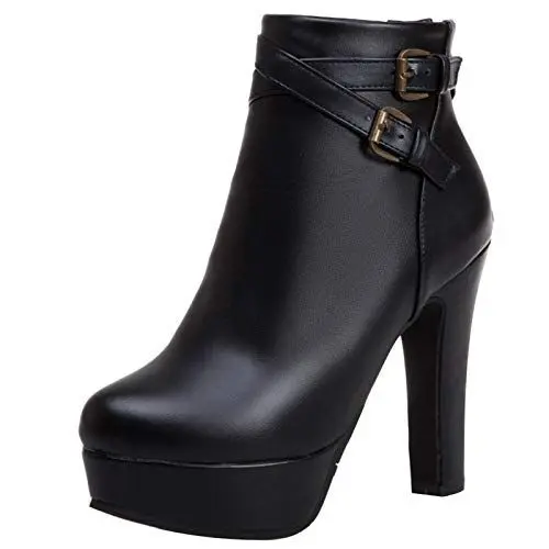 Produktbild: Lizoleor Damänner Plateau Hohen Blockabsatz Winterstiefel Klassischer Equestrian Runde Zehen Mode Riding Chelsea Combat Stiefeletten Schnalle Schwarz Gr 44 EU/46Cn