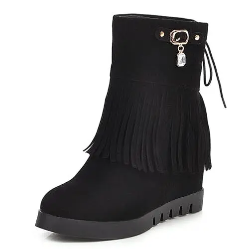 Produktbild: Lizoleor Damänner Runde Zehen Franse Keilabsatz Leisure Stiefeletten Ohne Verschluss Winter Klassischer Plateau Warm Halbschaft Boots Schnalle Schwarz Gr 36 Eu