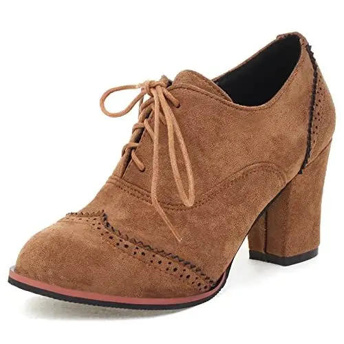 Produktbild: Lizoleor Damen Klassischer Schnüren Blockabsatz Leisure Brogue Leisure Höhe Ferse Pumps Retro Oxford Buro Schuhe Braun Gr 38 EU/39Cn