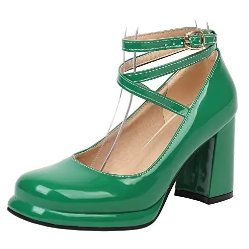 Produktbild: Lizoleor Damen Knöchelriemchen Lack Mary Jane Runde Zehen Blockabsatz Pumps Weit Fit Höhe Ferse Party Plateau Bride Schuhe Kleid Grün Gr 36 EU