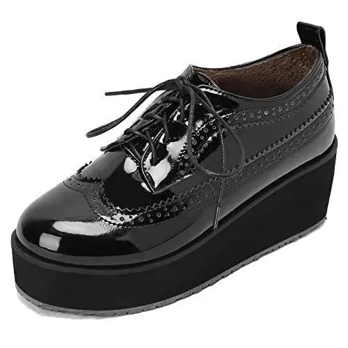 Produktbild: Lizoleor Damen Schnüren Mode Lack Brogue Plateau Keilabsatz Schuhe Closed Toe Leisure Oxford Klassischer Buro Schuhe Schwarz Gr 35 EU