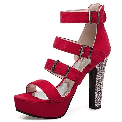 Produktbild: Lizoleor Damen Strappy Mode Blockabsatz Sommer Offene Zeh Reißverschluss Sandalen Sequins Elegant Abend Höhe Ferse Party Schuhe Rot Gr 39 EU/40Cn