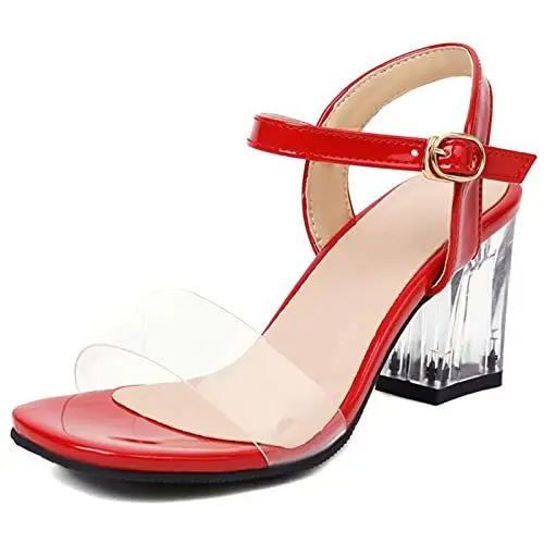 Produktbild: Lizoleor Hochzeit Damen Blockabsatz Knöchelriemchen Sandalen Transparent Offene Zeh Sommer Party Komfort Höhe Ferse Schuhe Rot Gr 37 EU/38Cn