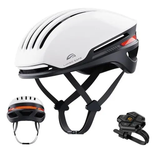 Produktbild: LIZVIE Fahrradhelm mit Bluetooth, intelligenter Fahrradhelm für Erwachsene Männer Frauen, vorderen und hinteren LED-Blinkern, Fernbedienung, intelligenter Kommunikations-Fahrradhelms. (Weiß, M/L)