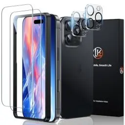 Produktbild: LK Schutzfolie für iPhone 16 Pro Panzer Schutz Glas, 2 Stücke Panzerfolie und 2 Stücke Kamera Schutzglas, 9H Härte Folie mit Rahmen-Installationshilfe, HD Klar, Anti- Kratzer, Bläschenfrei Folie