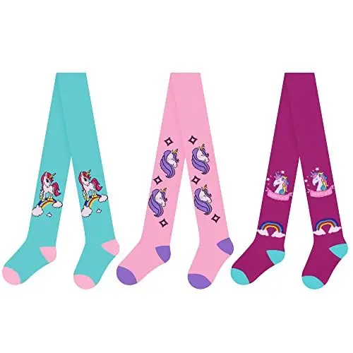 Produktbild: L&K-II 3er Strumpfhose Kinder Strickstrumpfhose für Mädchen mit unterschiedlichen Einhorn Mustern und Farben in Set 2730B 98-104