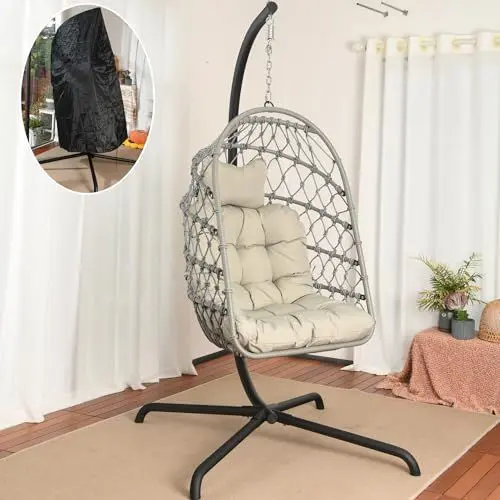 Produktbild: LKINBO Polyrattan Hängesessel mit Gestell Outdoor Indoor, Korb Hängestuhl Rattan Hanging Chair Wetterfest Hängeschaukel Gartenschaukel bis 195 kg, Grau