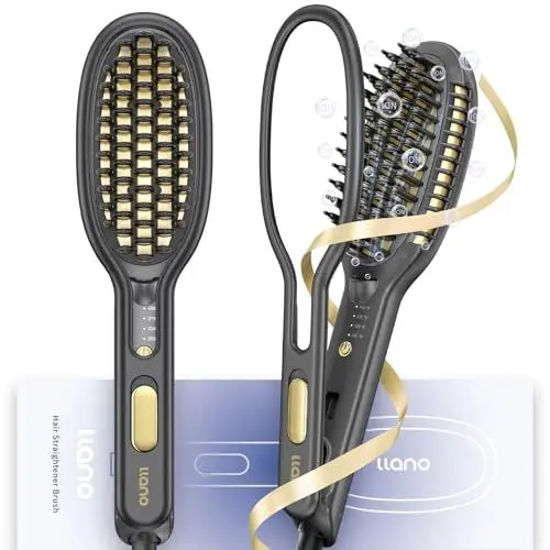 Produktbild: llano Glättbürste mit Haarhalter, Ionen Haarglätter Bürste, 30S Schneller Keramikerwärmung 140℃-230℃ 4 Temperatureinstellungen, Doppelspannung 110V-240V (Sparkle Gray)