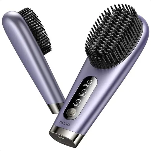Produktbild: llano Haarglätter Bürste Kabellose Glättbürste Mini Haarglätterbürste Sicher Tragbare Glättungsbürste für Unterwegs,3 Temperaturstufen (Violett)