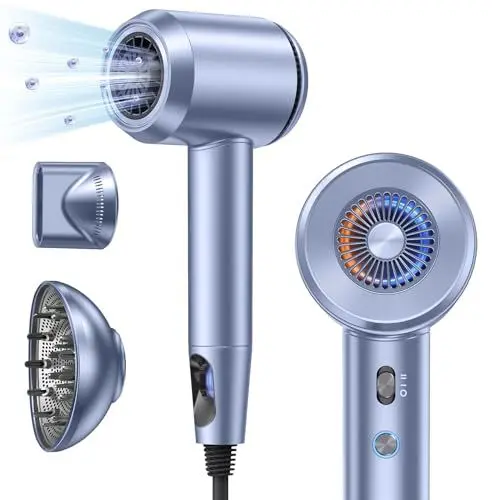 Produktbild: llano Ionen Haartrockner Schnelltrocknender Föhn mit Diffusor 100 Millionen Negative Ionen Hair Dryer 19m/s Luftstrom Bürstenloser Motor, 5 Hitze- und 2 Geschwindigkeitsstufen(Eisblau)