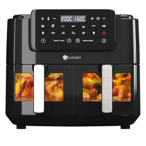 Produktbild: LLIVEKIT 9L Heißluftfritteuse 2 Kammern mit Sichtfenster, Air fryer XXL ohne Öl, Heissluftfritteuse Doppelkammer mit 9-in-1, Heißluftfritteuse Dual Zone mit Touchscreen, Timer-Funktion