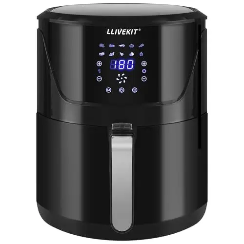 Produktbild: LLIVEKIT Heißluftfritteuse XXXL mit 7 Liter in Schwarz, Heissluft Fritteusen Air Fryer mit Digitalem LED-Touchscreen, 10 Programmen, Timer & Warmhalten, Fritteuse mit Rezeptbuch, ohne Öl, 1800W
