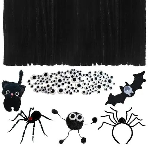 Produktbild: LLMtn 300 Stück mit 200 schwarzen Chenillefaden, 100 wackelaugen selbstklebend, Pfeifenreiniger für Bastelarbeiten, Halloween DIY