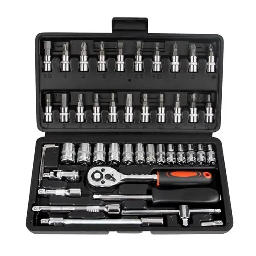 Produktbild: LLNEDL 1/4 Zoll Steckschlüsselsatz, 46 teilig Steckschlüssel Bit Set Metrisches mit Flexiblen Verlängerungsstangen, Schnellspann Umschaltknarre -für die Reparatur zu Hause und DIY
