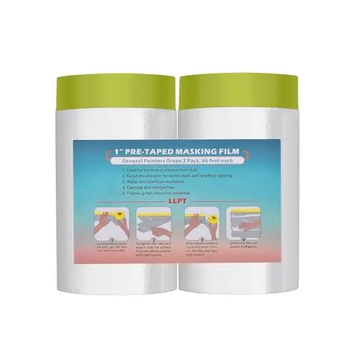 Produktbild: LLPT Abdeckfolie Klebeband mit Folie | 2 Rollen | Transparent Abdeckfolie Selbstklebende Malerfolie Malerband | Zum Schutz von Autos Wänden (MFTG1420) | Grünes Washi-Papier | 140cm(ungefaltet) x 20m