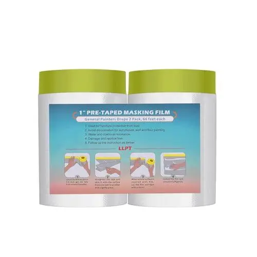 Produktbild: LLPT Abdeckfolie Klebeband mit Folie | 2 Rollen | Transparent Abdeckfolie Selbstklebende Malerfolie Malerband | Zum Schutz von Autos Wänden (MFTG620) | Grünes Washi-Papier | 65cm(ungefaltet) x 20m