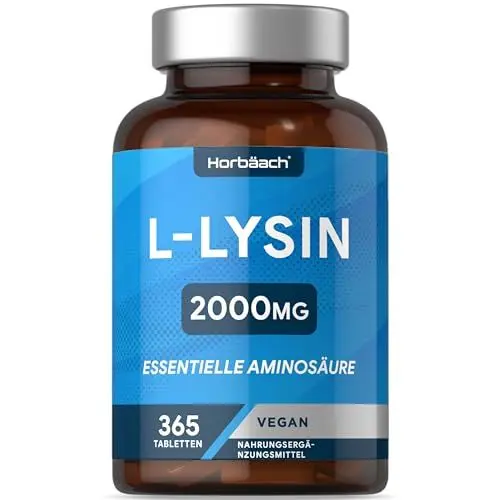 Produktbild: L-Lysin Hochdosiert Tabletten 2000mg | 365 Vegan Stk | 1000mg pures L Lysin aus L-Lysin HCl | aus Pflanzlicher Fermentation | Lysine Essentiellen Aminosäuren | von Horbaach