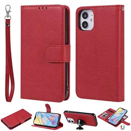 Produktbild: LMFULM® Hülle für Apple iPhone 12 Mini (5,4 Zoll) PU+TPU Leder (Abnehmbares 2 in 1) Magnetic Flip Case und Rückseite Ständer Ledertasche Brieftasche Handyhülle Rot
