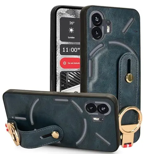 Produktbild: LMFULM® Hülle für Nothing Phone 2 (6,7 Zoll) Lanyard Handgelenkriemen PU Schutzhülle Harte PC Rückseite Case Bumper Cover mit Flaschenöffner und Ständer Blau
