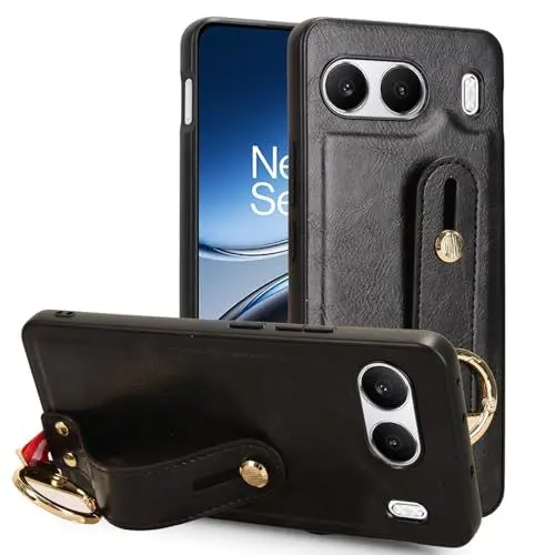 Produktbild: LMFULM® Hülle für OnePlus Nord 4 (CPH2663) (6,74 Zoll) Lanyard Handgelenkriemen PU Schutzhülle Harte PC Rückseite Case Bumper Cover mit Flaschenöffner und Ständer Schwarz