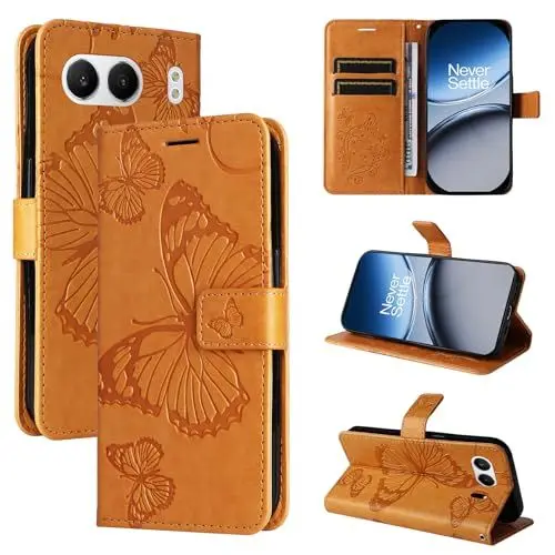 Produktbild: LMFULM® Hülle für OnePlus Nord 4 (CPH2663) (6,74 Zoll) PU Leder Magnet Brieftasche Lederhülle Schmetterling Geprägtes Design Stent-Funktion Tasche Flip Cover Braun