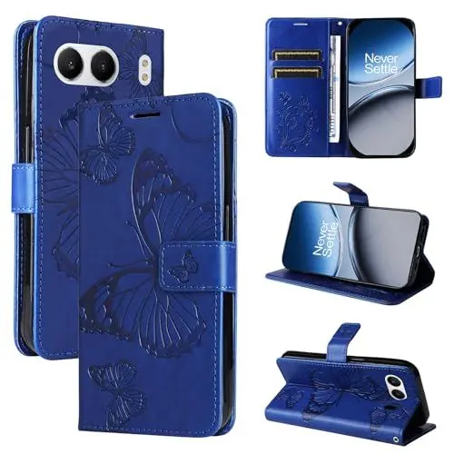 Produktbild: LMFULM® Hülle für OnePlus Nord 4 (CPH2663) (6,74 Zoll) PU Leder Magnet Brieftasche Lederhülle Schmetterling Geprägtes Design Stent-Funktion Tasche Flip Cover Blau