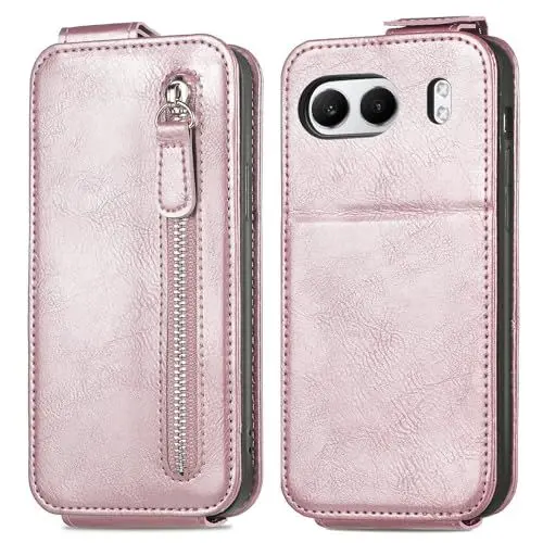 Produktbild: LMFULM® Hülle für OnePlus Nord 4 (CPH2663) (6,74 Zoll) PU Lederhülle Reißverschluss Brieftasche Oben-Unten Flip Design Handytasche mit Stent Magnetisch Ledertasche Roségold