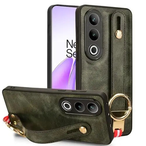 Produktbild: LMFULM® Hülle für OnePlus Nord CE 4 (6,7 Zoll) Lanyard Handgelenkriemen PU Schutzhülle Harte PC Rückseite Case Bumper Cover mit Flaschenöffner und Ständer Grün