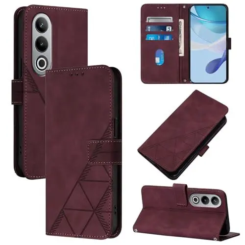 Produktbild: LMFULM® Hülle für OnePlus Nord CE 4 (6,7 Zoll) PU Leder Magnet Brieftasche Lederhülle Dreieck Drucken Flip Cover Ledertasche Stent-Funktion Case Rotwein