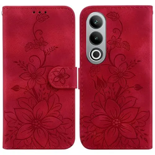 Produktbild: LMFULM® Hülle für OnePlus Nord CE 4 (6,7 Zoll) PU Leder Magnet Brieftasche Lederhülle Lotus Drucken Tasche Flip Cover Ledertasche Stent-Funktion Case Rot