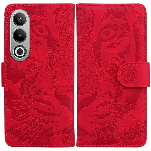 Produktbild: LMFULM® Hülle für OnePlus Nord CE 4 (6,7 Zoll) PU Leder Magnet Brieftasche Lederhülle Tiger Drucken Flip Cover Ledertasche Stent-Funktion Case Rot