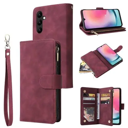 Produktbild: LMFULM® Hülle für Samsung Galaxy A24 / SM-A245 (6,5 Zoll) PU Leder Magnet Brieftasche Lederhülle Handytasche Standfunktion Tasche Schutzhülle Flip Cover Retro Reißverschluss Weinrot