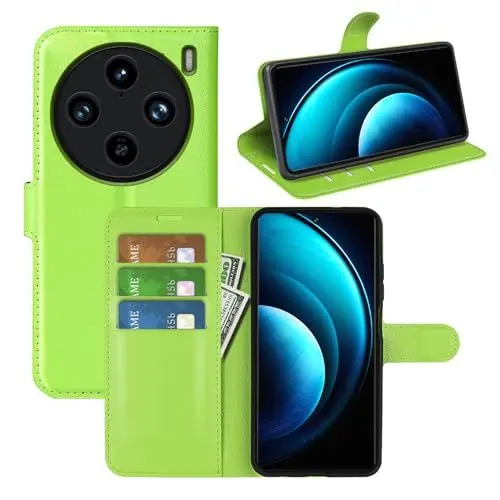 Produktbild: LMFULM® Hülle für Vivo X100 Pro (6,78 Zoll) PU Leder Magnet Brieftasche Lederhülle Handytasche Litschi Muster Standfunktion Ledertasche Flip Cover Grün