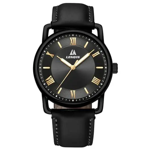 Produktbild: LN LENQIN Herrenuhren Analog Quarzuhren Herren 30M Wasserdicht Herrenarmbanduhren Mode Business Uhren für Mann Lederuhren (Schwarzes Gold)