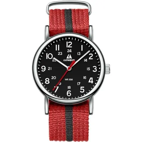 Produktbild: LN LENQIN Herrenuhren Militär Uhren Analog Quarz Uhren Armee Uhren Herren Wasserdicht Armbanduhren Sportuhr mit Nylonband (Schwarzrot Silber Schwarz)