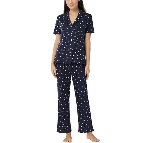 Produktbild: LNFINTDO Schlafanzug Damen Kurzarm Herz Print Pyjama Set mit Tasche Revers Schlafanzugoberteile und Lang Pyjamahose Zweiteiliger Nachtwäsche Set Kuschelig Hausanzug