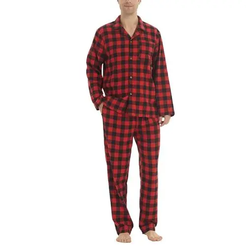 Produktbild: LNFINTDO Schlafanzug Herren Lang Baumwolle Winter Zweiteilige Kariert Pyjamas Flanell Pyjama mit Tasche Langarmshirt und Schlafanzughose für Männer